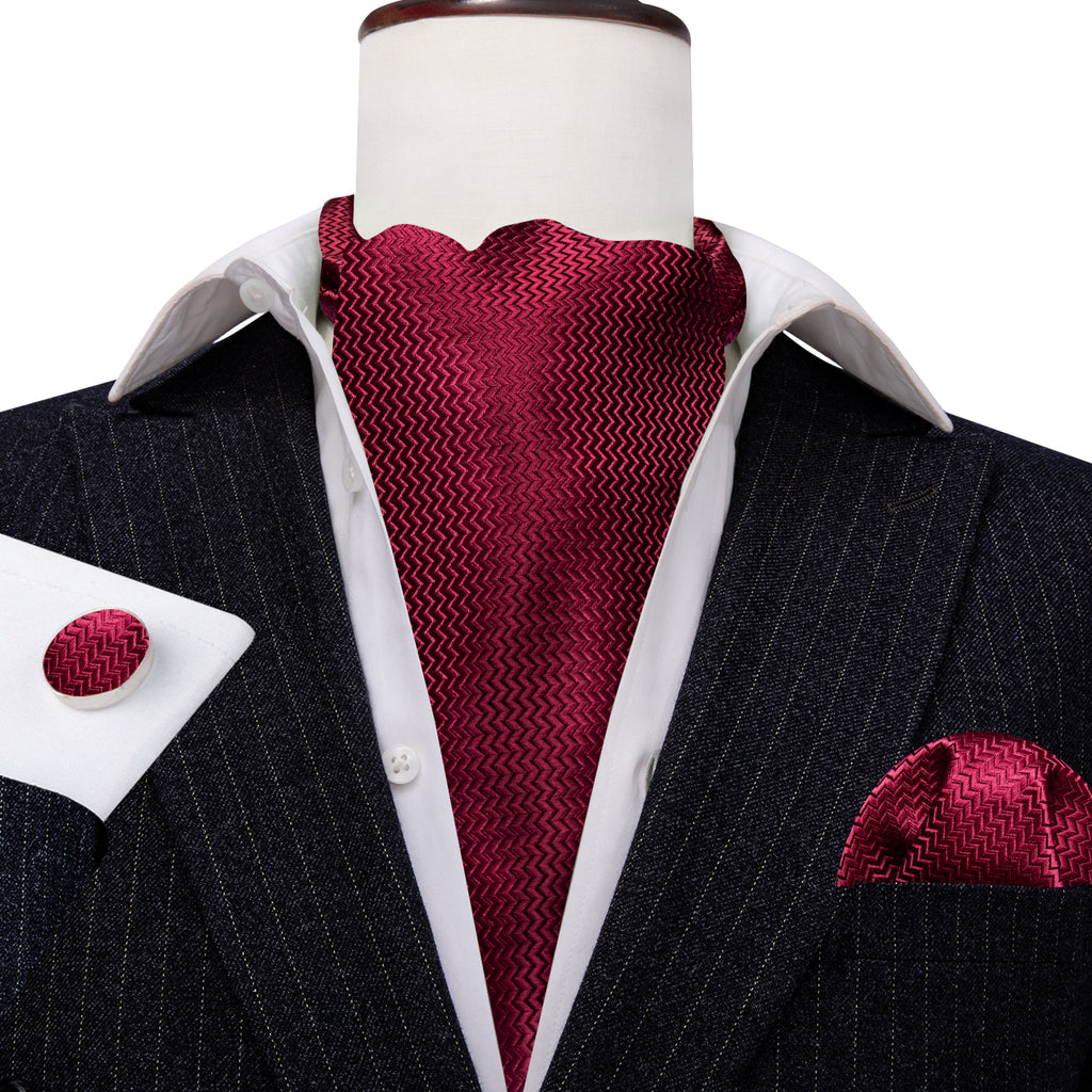 Dark Red Striped Silk Ascot, Pocket Square and Cufflinks ascot - Sophisticated Gentlemen