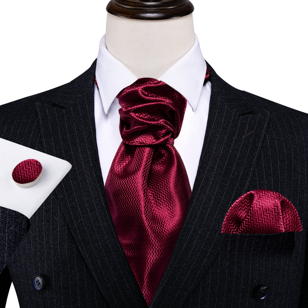 Dark Red Striped Silk Ascot, Pocket Square and Cufflinks ascot - Sophisticated Gentlemen