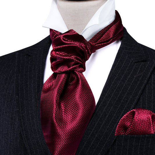 Dark Red Striped Silk Ascot, Pocket Square and Cufflinks ascot    - Sophisticated Gentlemen