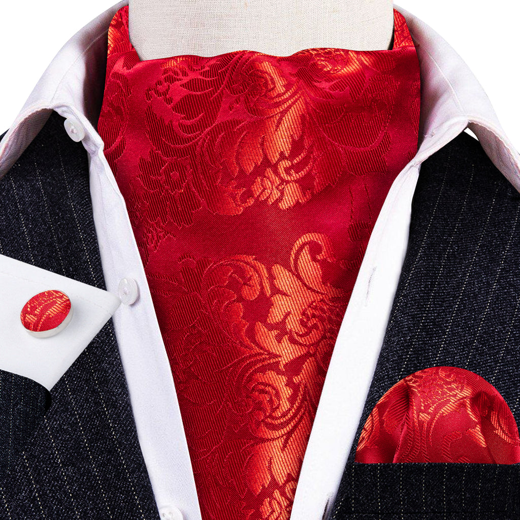 Red Floral Silk Ascot, Pocket Square and Cufflinks ascot - Sophisticated Gentlemen