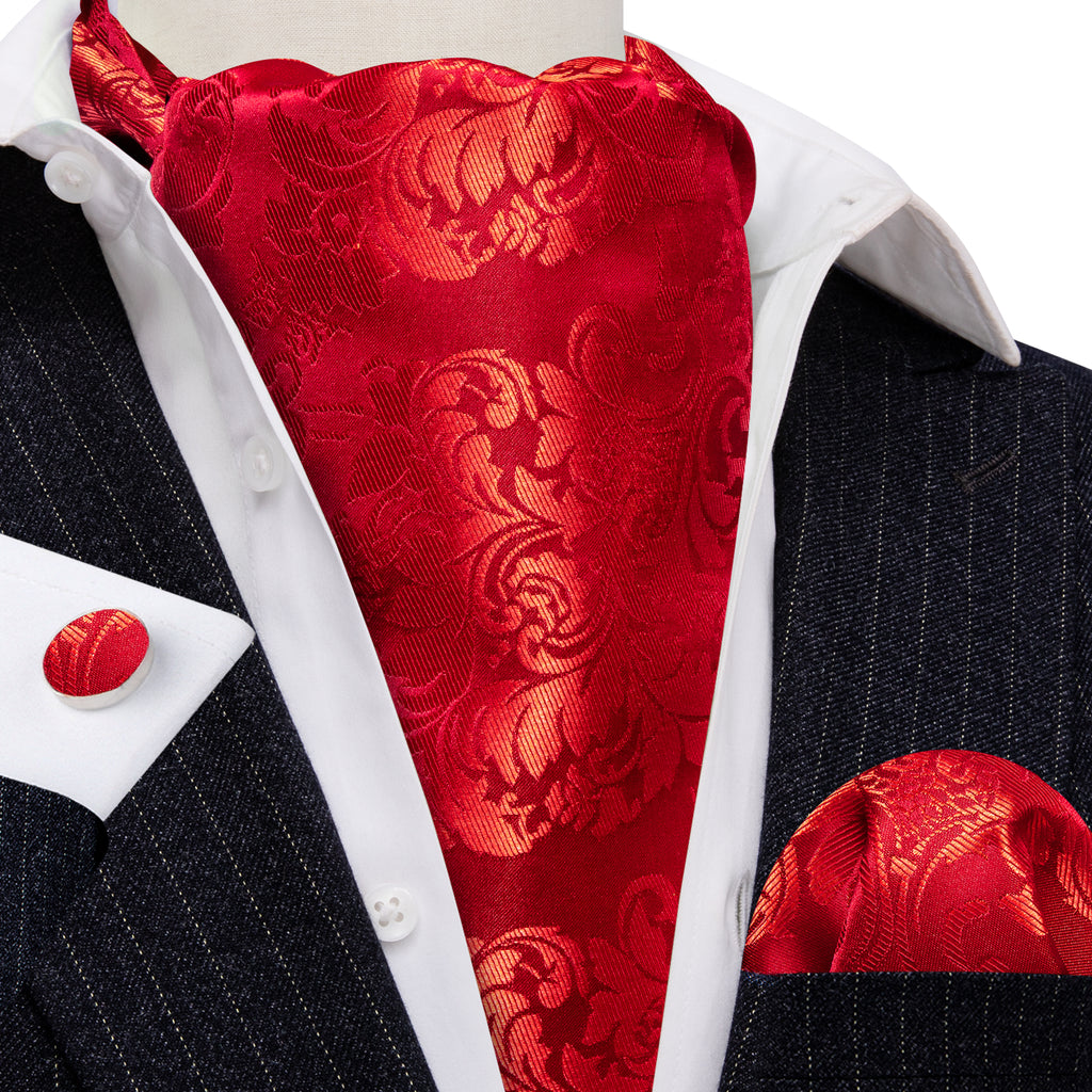 Red Floral Silk Ascot, Pocket Square and Cufflinks ascot - Sophisticated Gentlemen