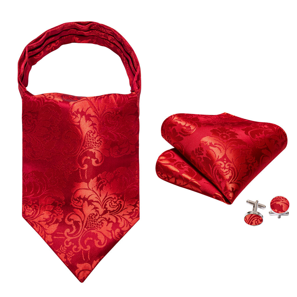 Red Floral Silk Ascot, Pocket Square and Cufflinks ascot - Sophisticated Gentlemen