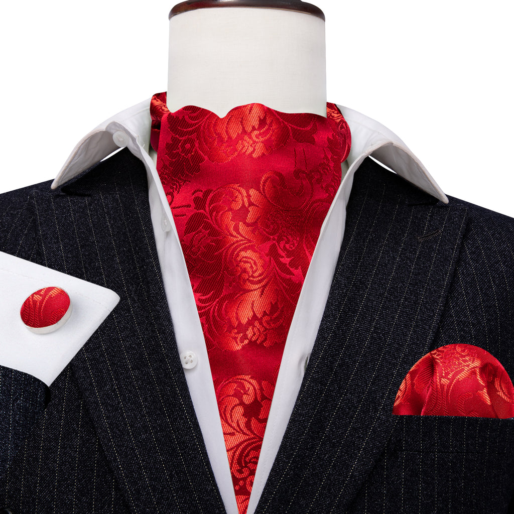 Red Floral Silk Ascot, Pocket Square and Cufflinks ascot - Sophisticated Gentlemen