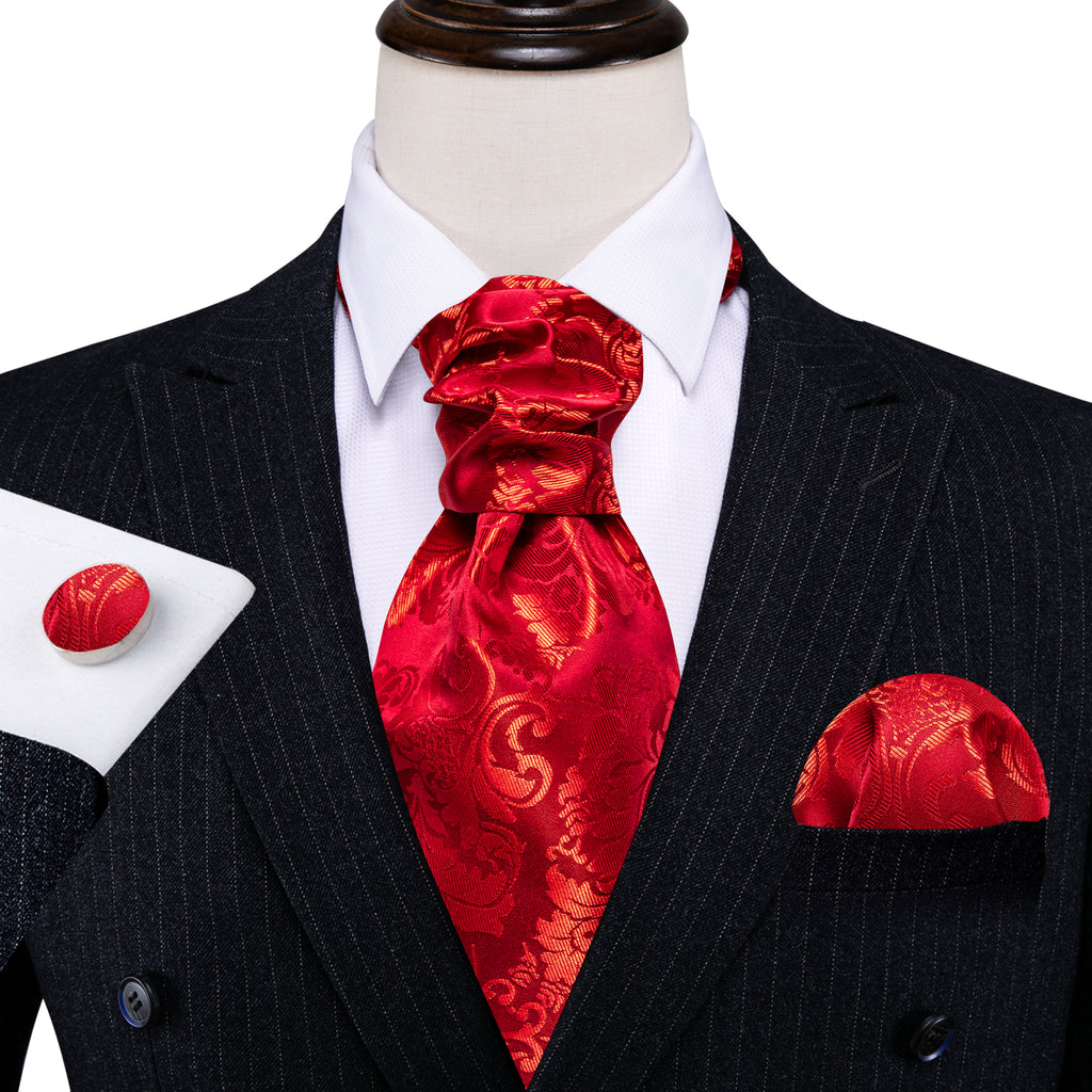 Red Floral Silk Ascot, Pocket Square and Cufflinks ascot - Sophisticated Gentlemen
