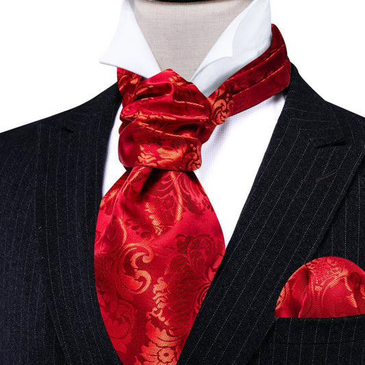 Red Floral Silk Ascot, Pocket Square and Cufflinks ascot    - Sophisticated Gentlemen