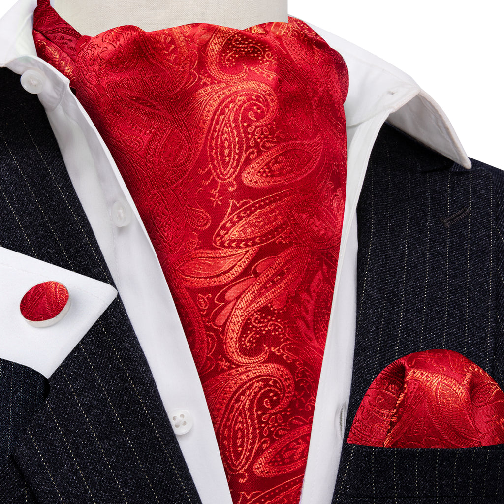 Red Paisley Silk Ascot, Pocket Square and Cufflinks ascot - Sophisticated Gentlemen