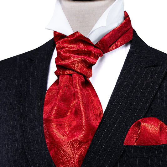 Red Paisley Silk Ascot, Pocket Square and Cufflinks ascot    - Sophisticated Gentlemen