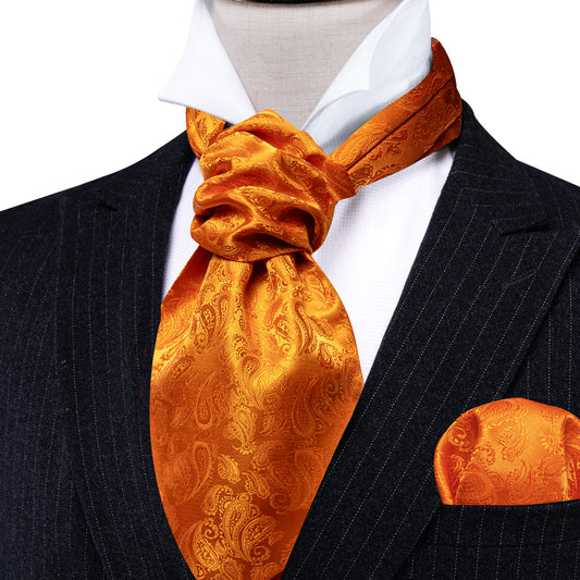 Orange Paisley Silk Ascot, Pocket Square and Cufflinks ascot    - Sophisticated Gentlemen