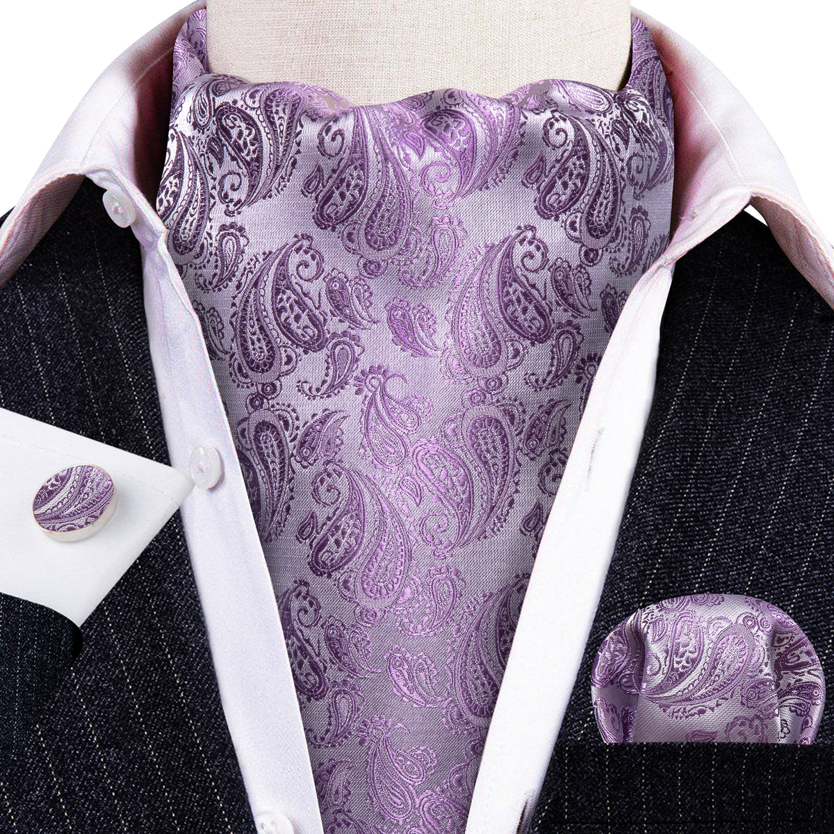 Purple White Paisley Silk Ascot, Pocket Square and Cufflinks ascot - Sophisticated Gentlemen