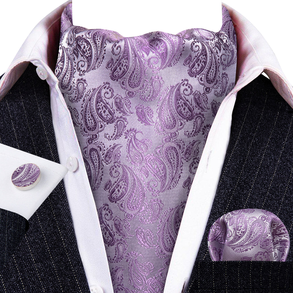 Purple White Paisley Silk Ascot, Pocket Square and Cufflinks ascot - Sophisticated Gentlemen