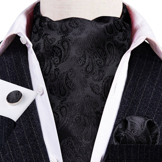Black Paisley Silk Ascot, Pocket Square and Cufflinks ascot    - Sophisticated Gentlemen