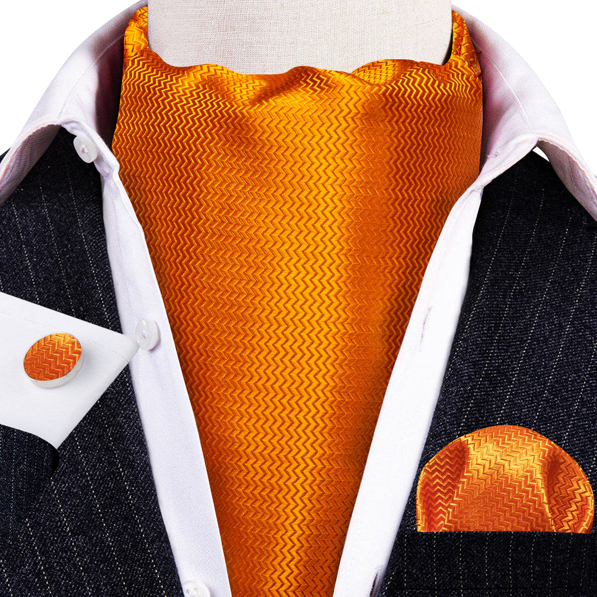 Orange Solid Silk Ascot, Pocket Square and Cufflinks ascot - Sophisticated Gentlemen