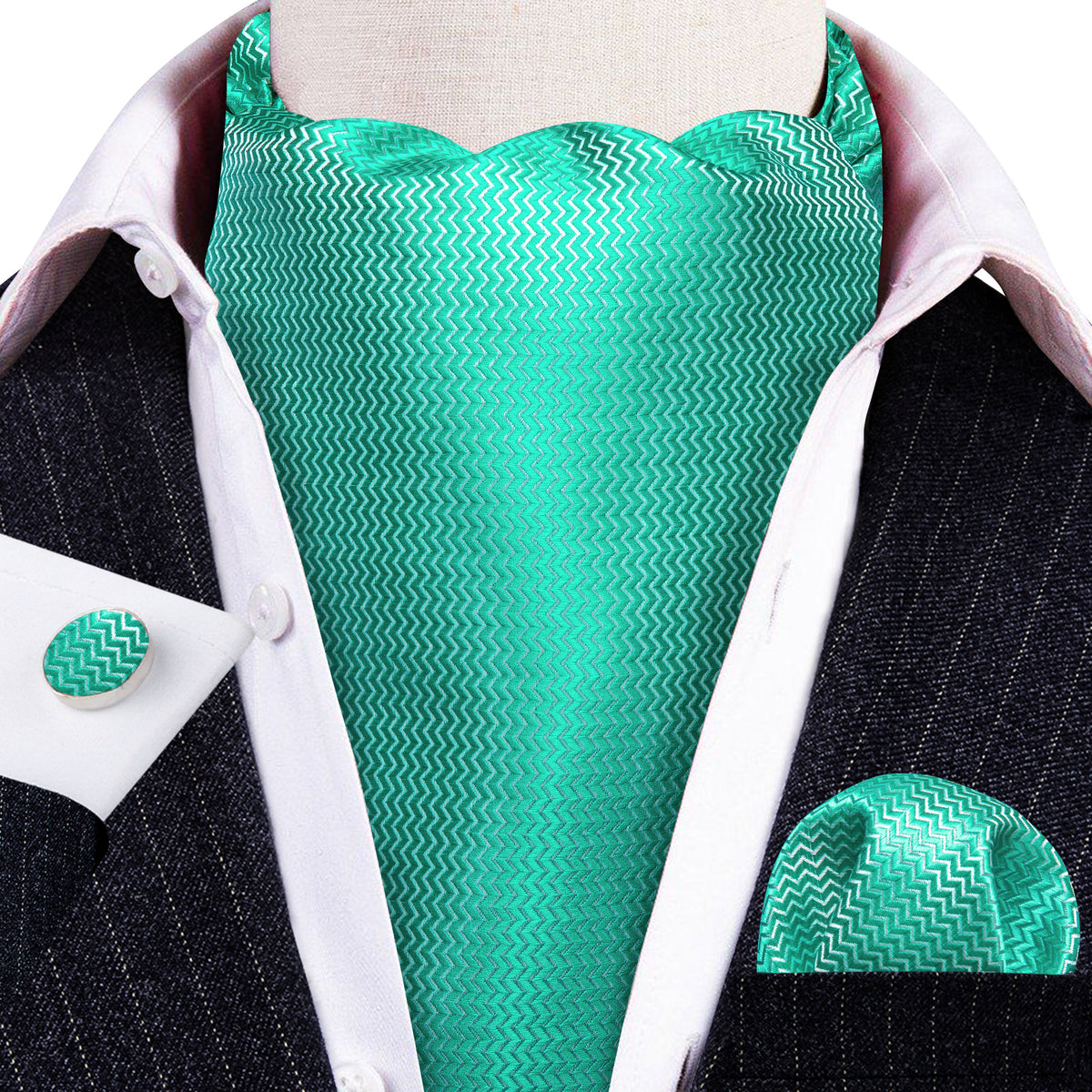 Aqua Solid Silk Ascot, Pocket Square and Cufflinks ascot - Sophisticated Gentlemen
