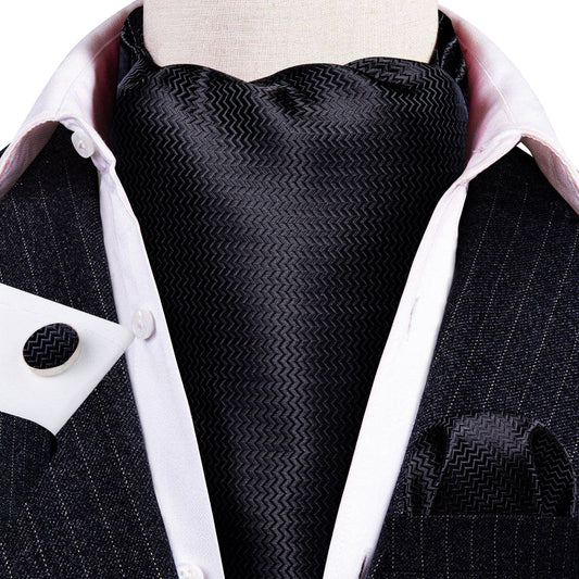 Black Solid Silk Ascot, Pocket Square and Cufflinks ascot    - Sophisticated Gentlemen
