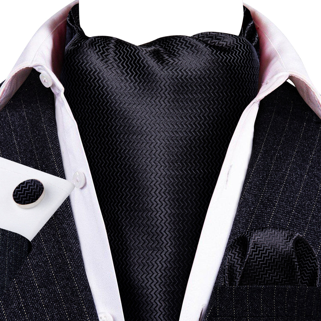 Black Solid Silk Ascot, Pocket Square and Cufflinks ascot - Sophisticated Gentlemen
