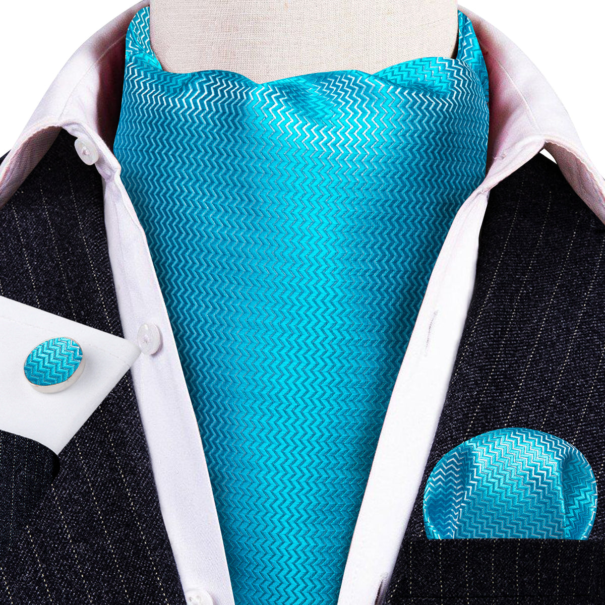 Sky Blue Solid Silk Ascot, Pocket Square and Cufflinks ascot - Sophisticated Gentlemen