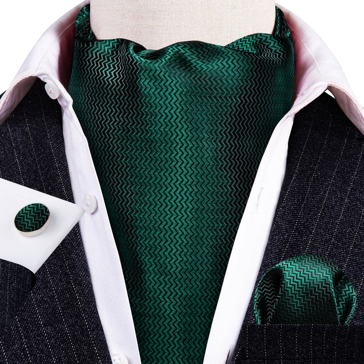 Green Solid Silk Ascot, Pocket Square and Cufflinks ascot - Sophisticated Gentlemen