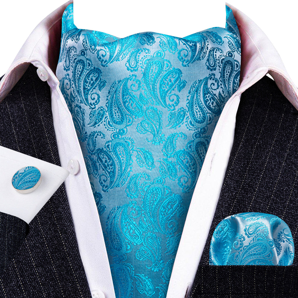 Pale Blue Solid Silk Ascot, Pocket Square and Cufflinks ascot - Sophisticated Gentlemen
