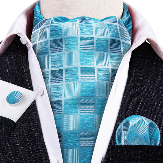Blue Plaid Silk Ascot, Pocket Square and Cufflinks ascot    - Sophisticated Gentlemen