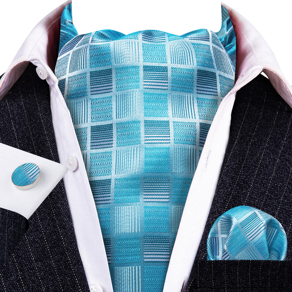 Blue Plaid Silk Ascot, Pocket Square and Cufflinks ascot - Sophisticated Gentlemen