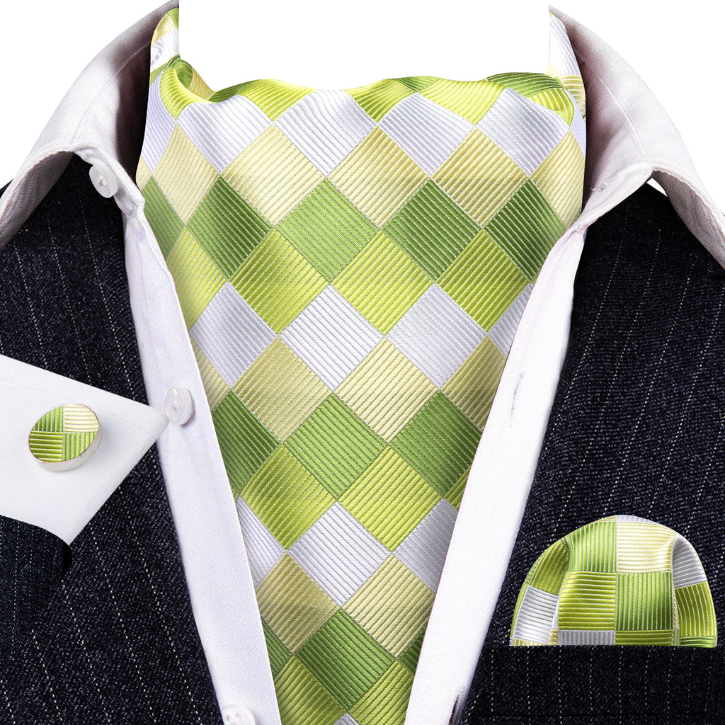 Green White Plaid Silk Ascot, Pocket Square and Cufflinks ascot - Sophisticated Gentlemen
