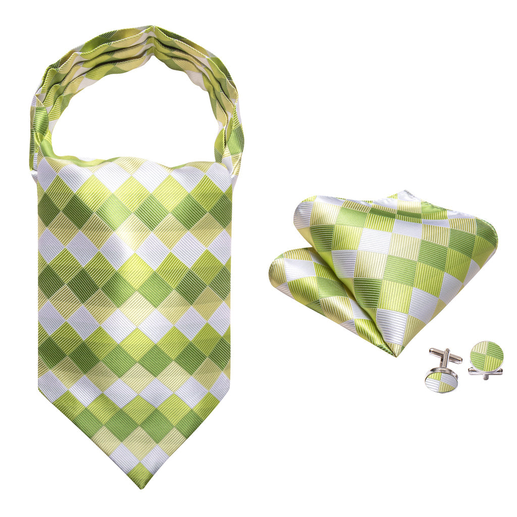 Green White Plaid Silk Ascot, Pocket Square and Cufflinks ascot - Sophisticated Gentlemen