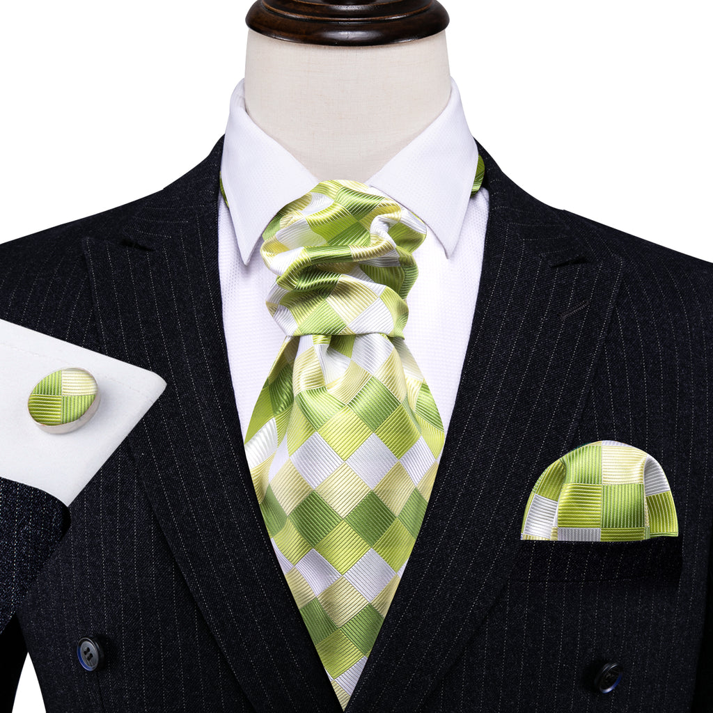 Green White Plaid Silk Ascot, Pocket Square and Cufflinks ascot - Sophisticated Gentlemen