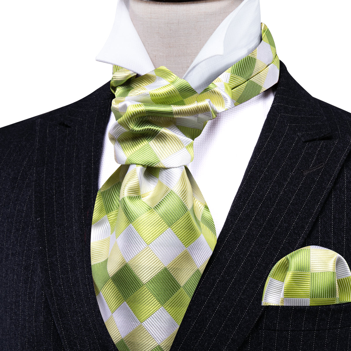 Green White Plaid Silk Ascot, Pocket Square and Cufflinks ascot - Sophisticated Gentlemen