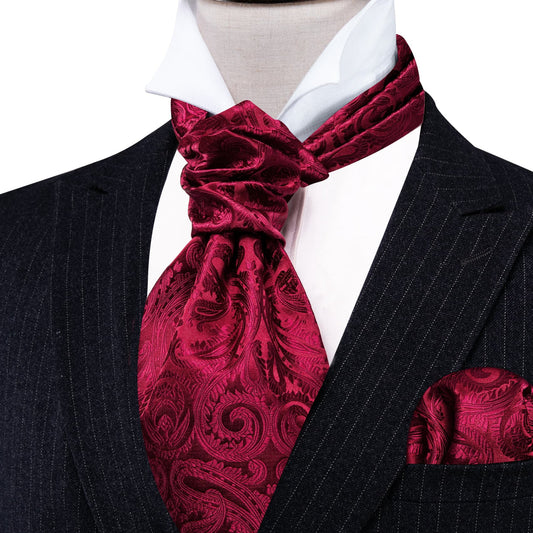 Red Paisley Silk Ascot, Pocket Square and Cufflinks ascot    - Sophisticated Gentlemen