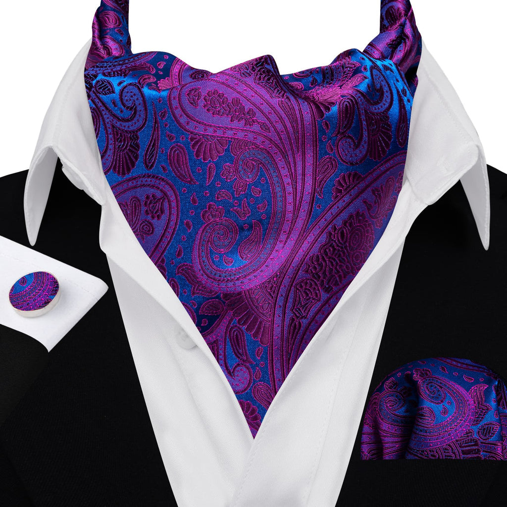 Purple Blue Paisley Silk Ascot, Pocket Square and Cufflinks ascot - Sophisticated Gentlemen