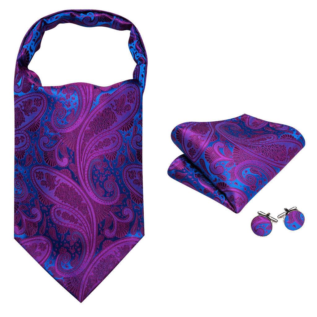 Purple Blue Paisley Silk Ascot, Pocket Square and Cufflinks ascot - Sophisticated Gentlemen