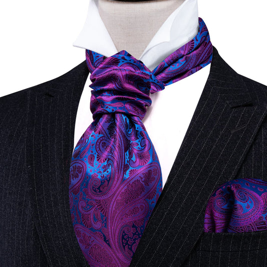 Purple Blue Paisley Silk Ascot, Pocket Square and Cufflinks ascot    - Sophisticated Gentlemen