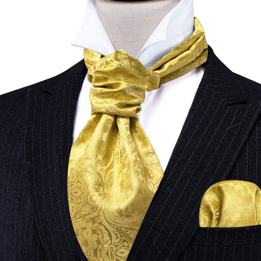 Yellow Paisley Silk Ascot, Pocket Square and Cufflinks ascot    - Sophisticated Gentlemen