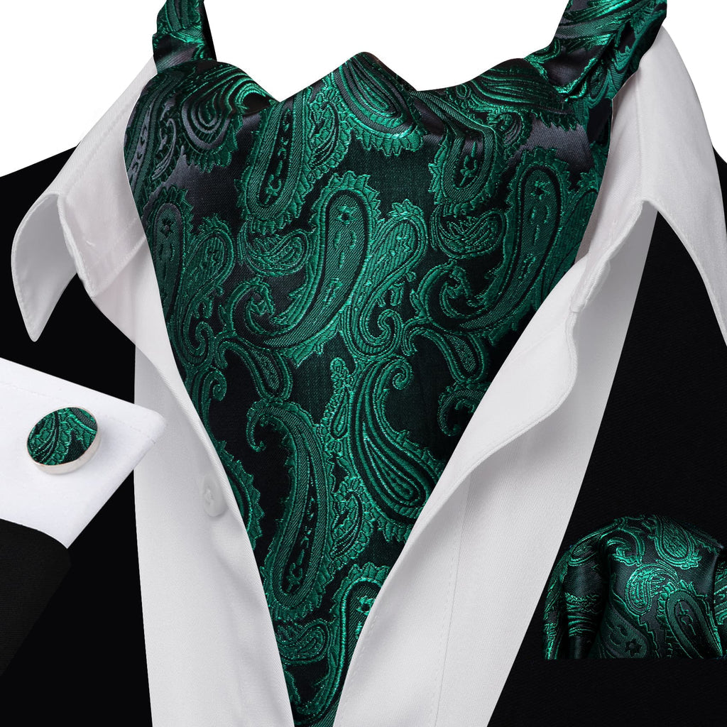 Dark Green Paisley Ascot, Pocket Square and Cufflinks ascot - Sophisticated Gentlemen