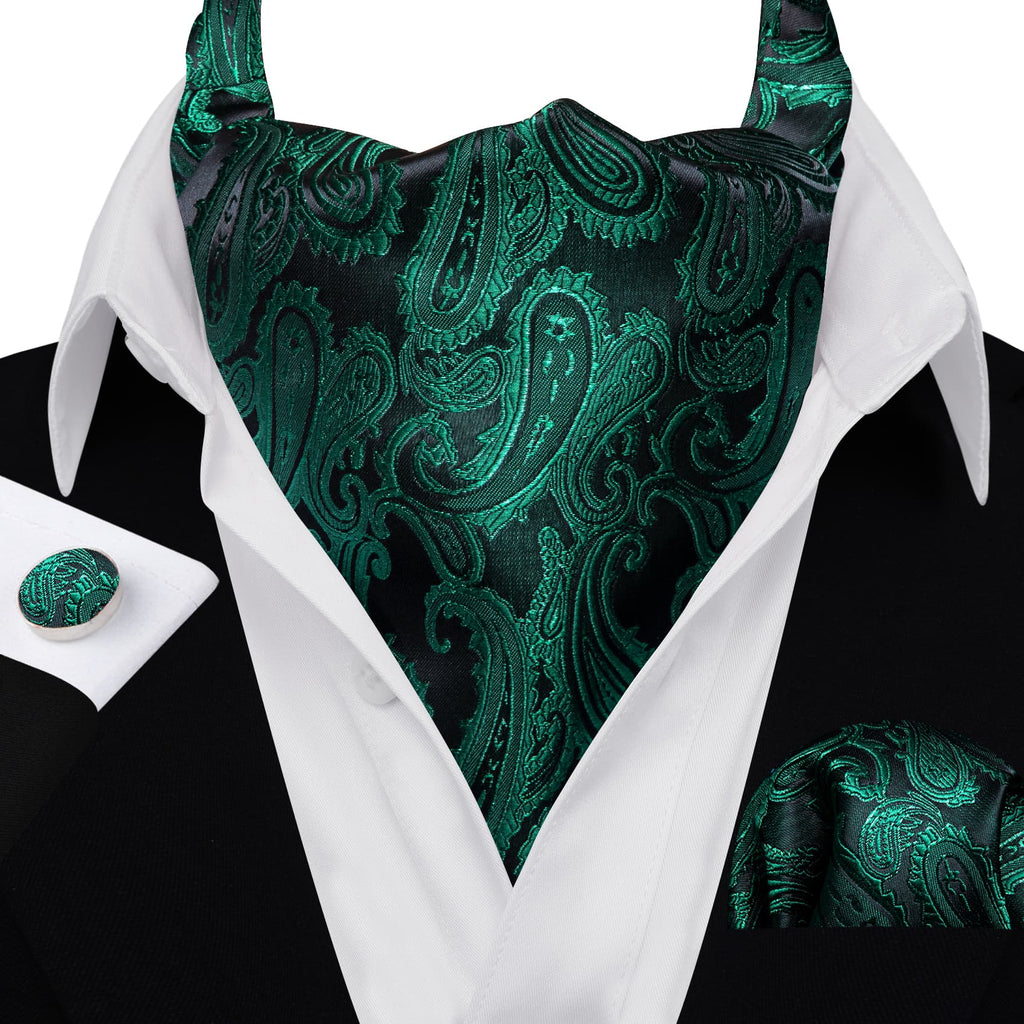 Dark Green Paisley Ascot, Pocket Square and Cufflinks ascot - Sophisticated Gentlemen