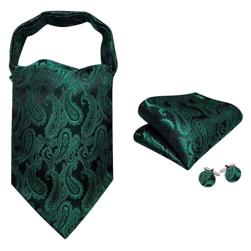 Dark Green Paisley Ascot, Pocket Square and Cufflinks ascot - Sophisticated Gentlemen