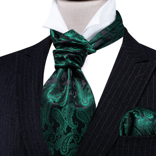 Dark Green Paisley Ascot, Pocket Square and Cufflinks ascot    - Sophisticated Gentlemen