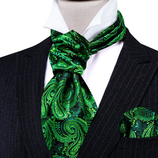 Dark Green Paisley Ascot, Pocket Square and Cufflinks ascot    - Sophisticated Gentlemen