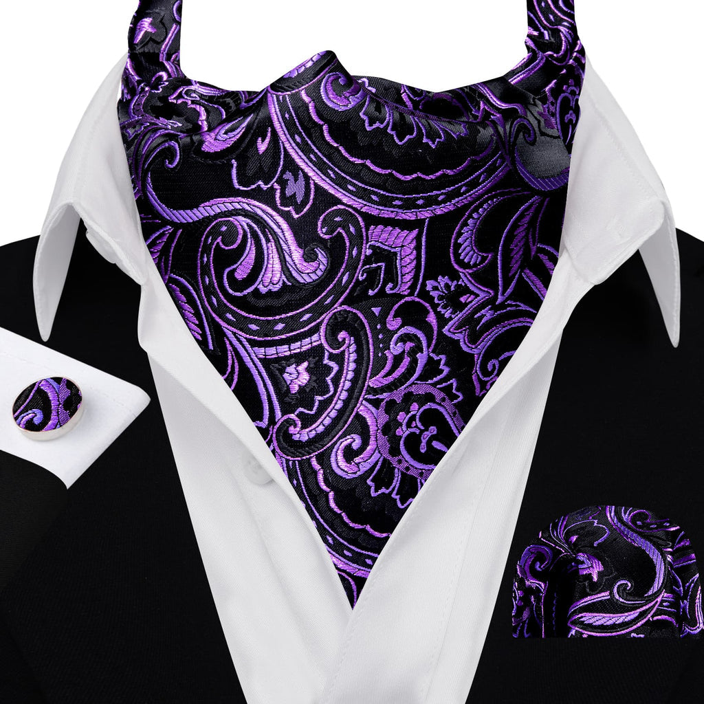 Black Purple Ascot, Pocket Square and Cufflinks ascot - Sophisticated Gentlemen