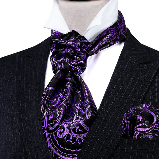 Black Purple Ascot, Pocket Square and Cufflinks ascot    - Sophisticated Gentlemen