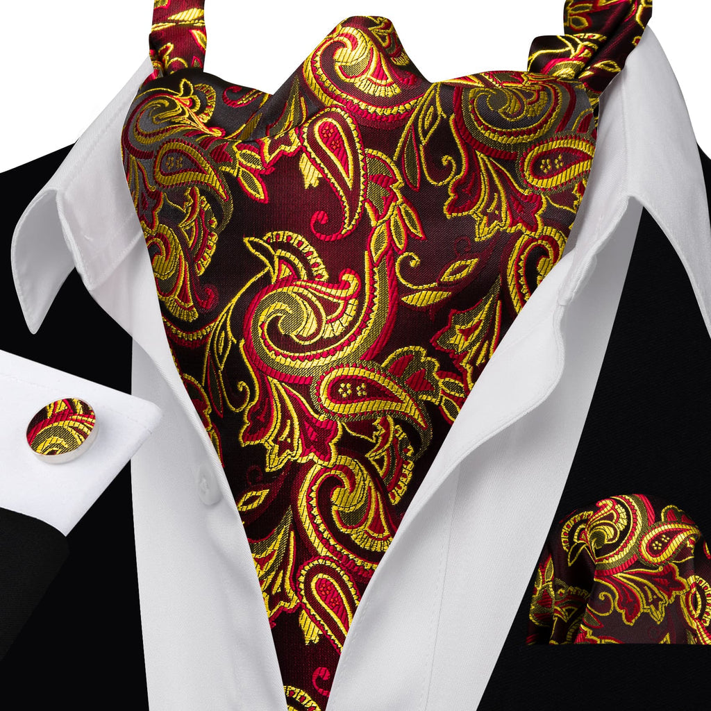 Red and Yellow Jacquard Ascot, Pocket Square and Cufflinks ascot - Sophisticated Gentlemen