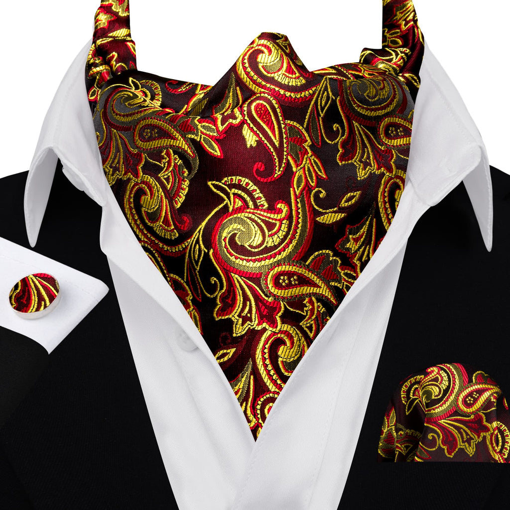 Red and Yellow Jacquard Ascot, Pocket Square and Cufflinks ascot - Sophisticated Gentlemen