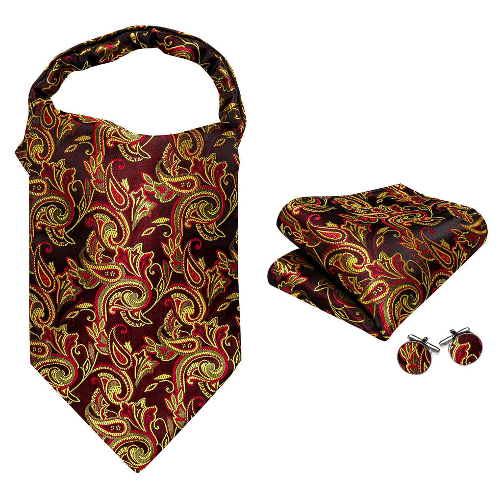 Red and Yellow Jacquard Ascot, Pocket Square and Cufflinks ascot - Sophisticated Gentlemen
