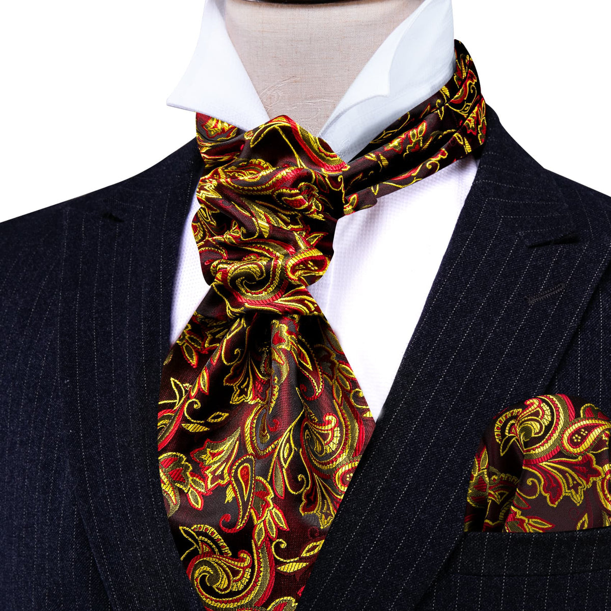 Red and Yellow Jacquard Ascot, Pocket Square and Cufflinks ascot - Sophisticated Gentlemen