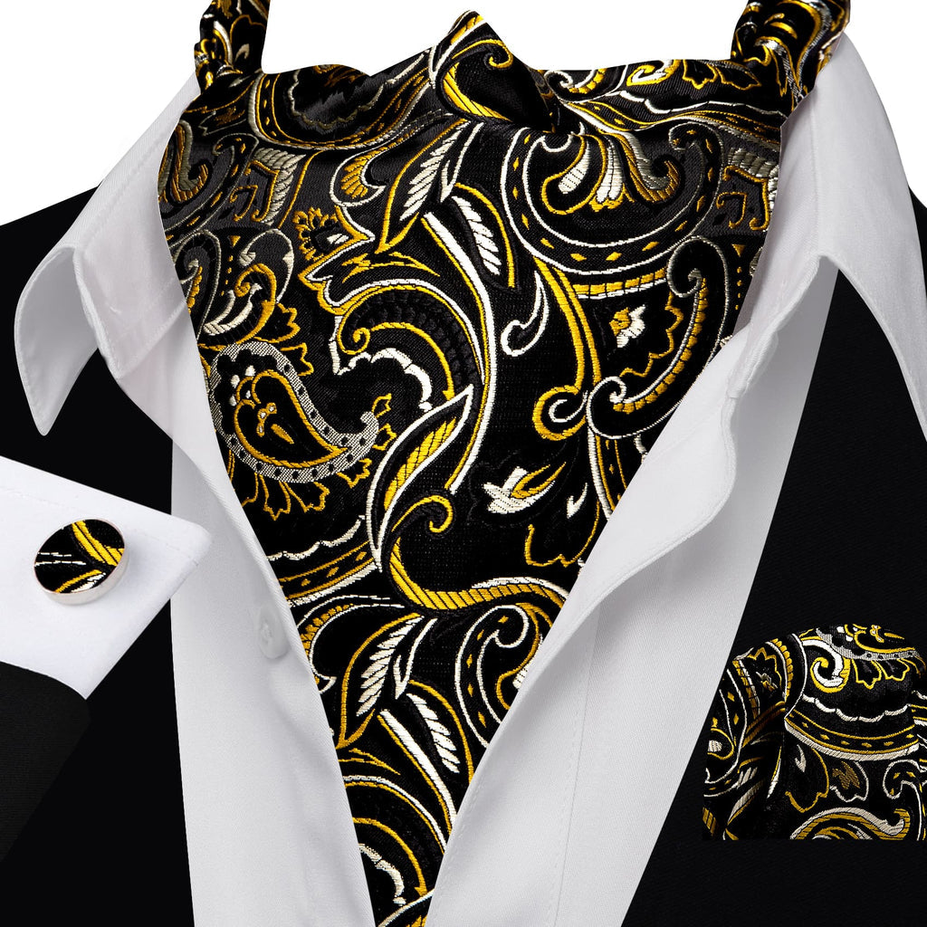 Black Beige Yellow Floral Ascot, Pocket Square and Cufflinks ascot - Sophisticated Gentlemen
