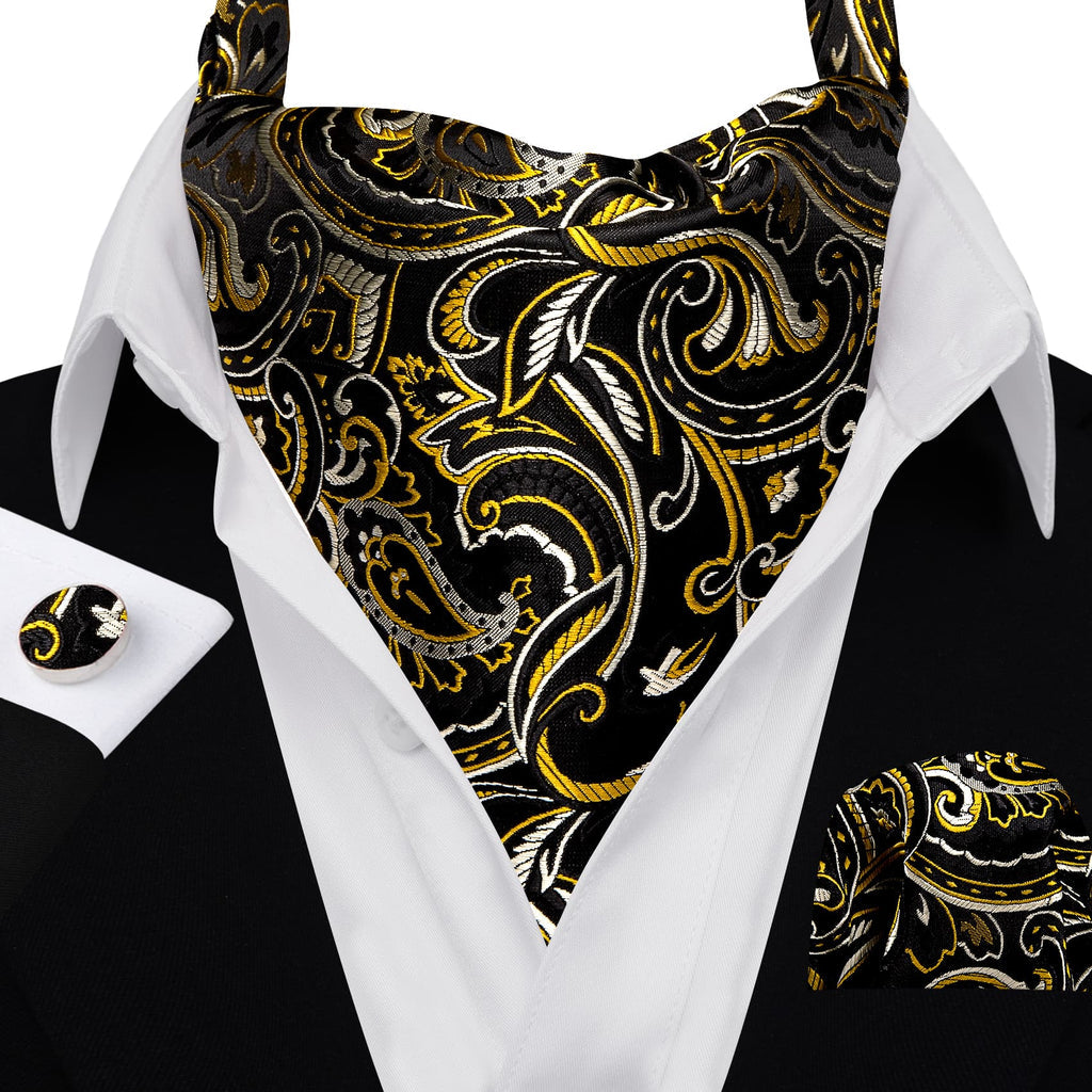 Black Beige Yellow Floral Ascot, Pocket Square and Cufflinks ascot - Sophisticated Gentlemen