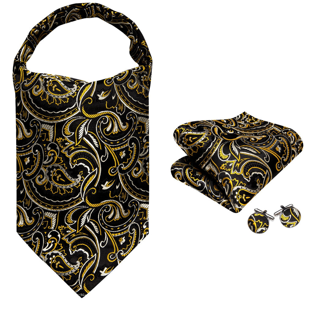 Black Beige Yellow Floral Ascot, Pocket Square and Cufflinks ascot - Sophisticated Gentlemen