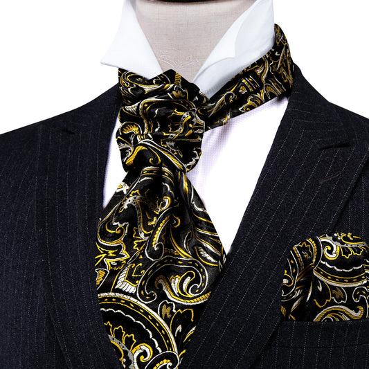 Black Beige Yellow Floral Ascot, Pocket Square and Cufflinks ascot    - Sophisticated Gentlemen