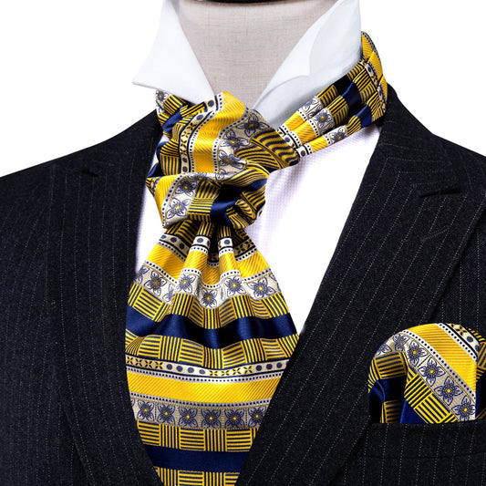 Blue Yellow Ascot, Pocket Square and Cufflinks ascot    - Sophisticated Gentlemen