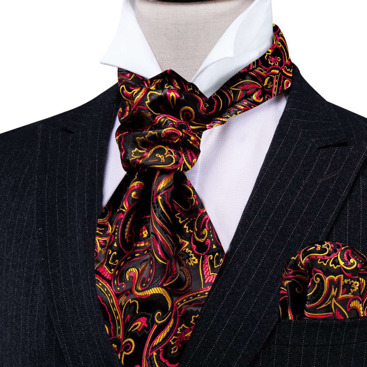 Black Pink Yellow Ascot, Pocket Square and Cufflinks ascot - Sophisticated Gentlemen